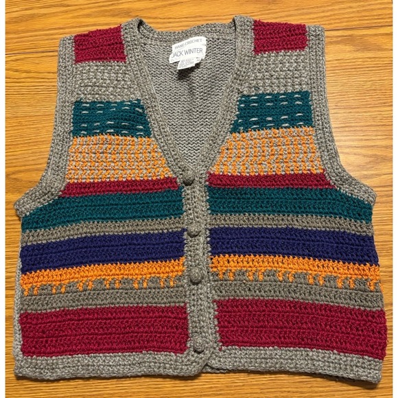 Jack Winter Jackets & Blazers - Jack Winter Vintage Hand Crochet Silk Blend Gray Striped Button Sweater Vest M